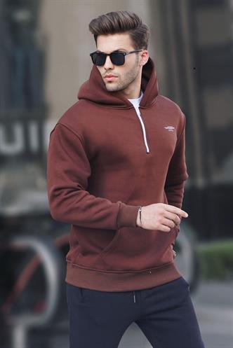 Koyu Kahverengi Fermuarlı Kapüşonlu Sweatshirt 6143