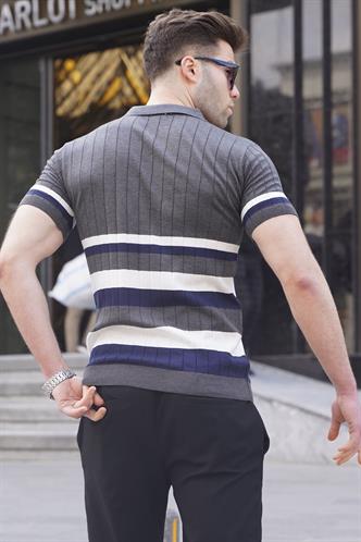 Çizgili Triko Antrasit Polo Yaka Tişört 6356