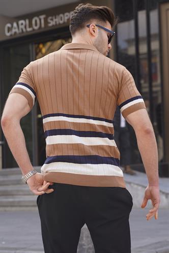 Çizgili Triko Hardal Polo Yaka Tişört 6356