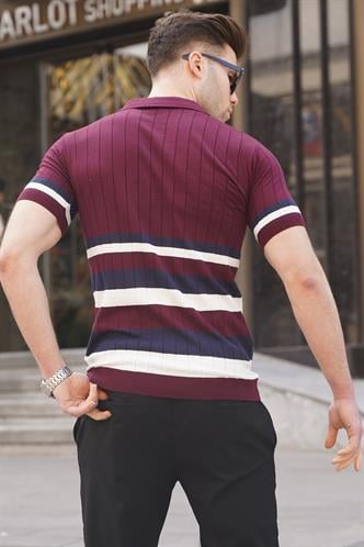 Çizgili Triko Mürdüm Polo Yaka Tişört 6356