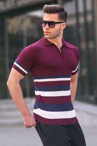 Çizgili Triko Mürdüm Polo Yaka Tişört 6356
