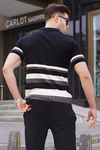 Çizgili Triko Siyah Polo Yaka Tişört 6356