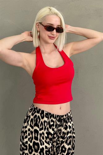Kırmızı Halter Yaka Boyun Askılı Crop Top MG2456