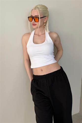 Beyaz Halter Yaka Boyun Askılı Crop Top MG2456