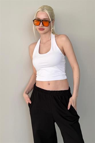 Beyaz Halter Yaka Boyun Askılı Crop Top MG2456