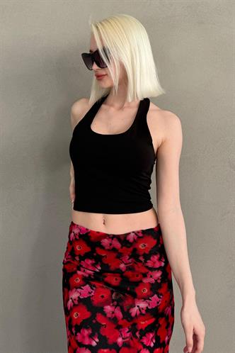 Siyah Halter Yaka Boyun Askılı Crop Top MG2456