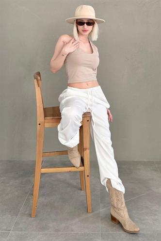 Taş Rengi Halter Yaka Boyun Askılı Crop Top MG2456