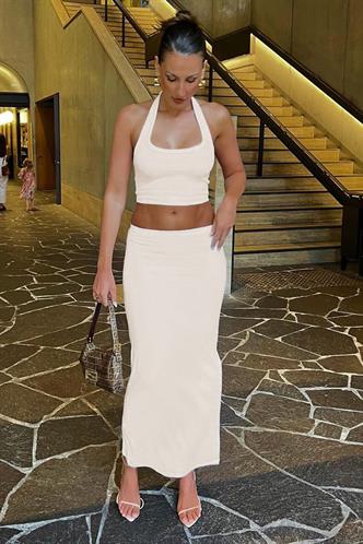 Ekru Basic Yırtmaç Detaylı Kadın Uzun Etek MG1650