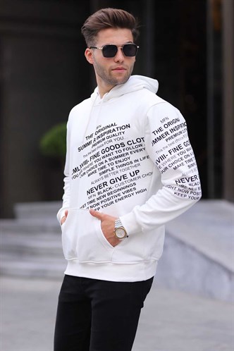 Ekru Baskılı Kapüşonlu Sweatshirt 6009