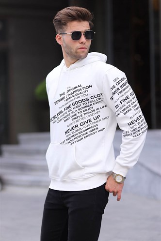 Ekru Baskılı Kapüşonlu Sweatshirt 6009