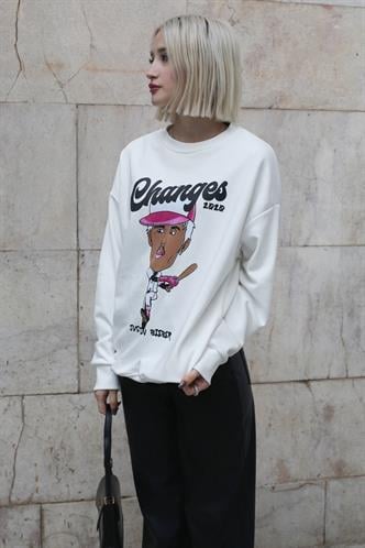 Ekru Baskılı Oversize Sweatshirt MG1578