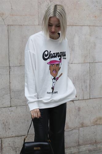Ekru Baskılı Oversize Sweatshirt MG1578