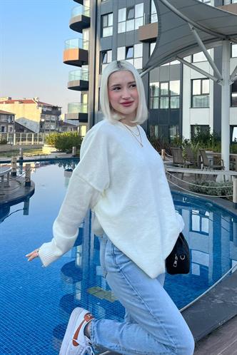 Ekru Bisiklet Yaka Oversize Triko Kazak MG1969