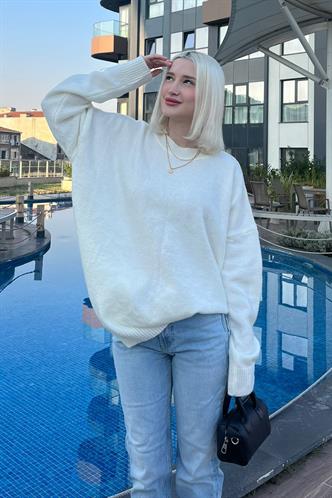 Ekru Bisiklet Yaka Oversize Triko Kazak MG1969