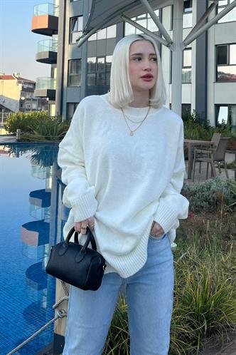 Ekru Bisiklet Yaka Oversize Triko Kazak MG1969