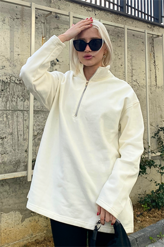 Ekru Fermuar Yaka Yırtmaçlı Sweatshirt MG1903