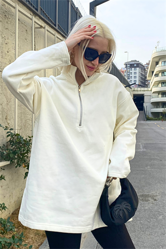 Ekru Fermuar Yaka Yırtmaçlı Sweatshirt MG1903