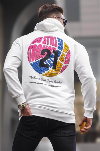Ekru Kabartma Baskılı Kapüşonlu Sweatshirt 6042