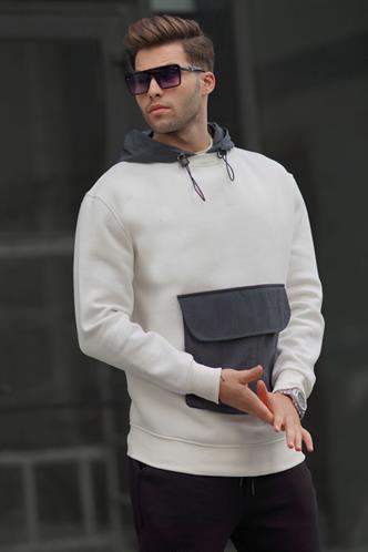Ekru Kanguru Cep Kapüşonlu Erkek sweatshirt 6138