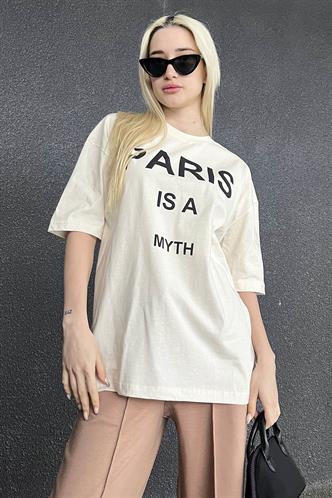 Ekru Paris Baskılı Kadın Tişört MG1654