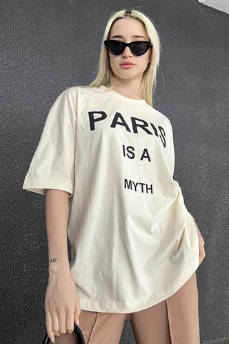 Ekru Paris Baskılı Kadın Tişört MG1654