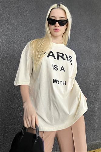 Ekru Paris Baskılı Kadın Tişört MG1654