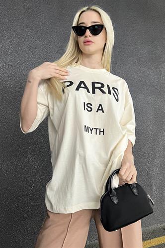 Ekru Paris Baskılı Kadın Tişört MG1654
