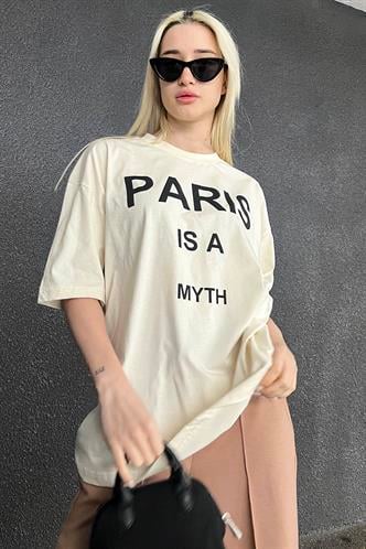 Ekru Paris Baskılı Kadın Tişört MG1654