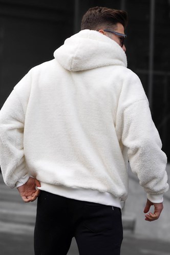 Ekru Peluş Over Fit Kapüşonlu Fermuarlı Erkek Sweatshirt 6049