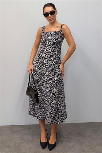 Siyah Desenli Yırtmaçlı Uzun Elbise MG1868