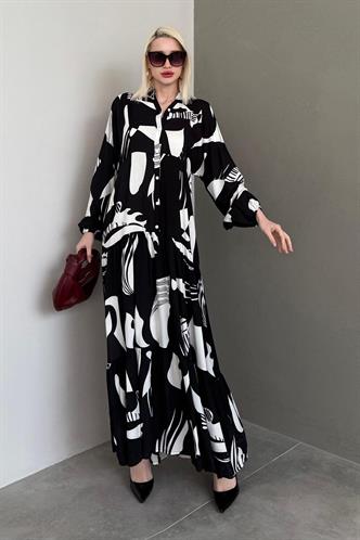 Siyah Desenli Düğmeli Uzun Kollu Elbise MG2391