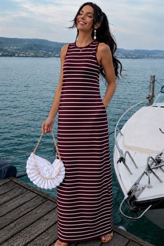 Bordo Bisiklet Yaka Çizgili Günlük Elbise MG2803