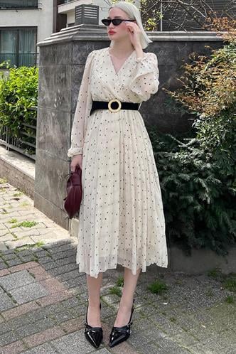 Krem Kruvaze Yaka Puantiyeli Şifon Elbise MG2065