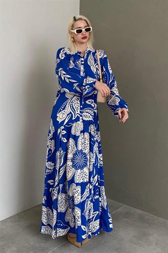 Saks Desenli Düğmeli Uzun Kollu Elbise MG2397