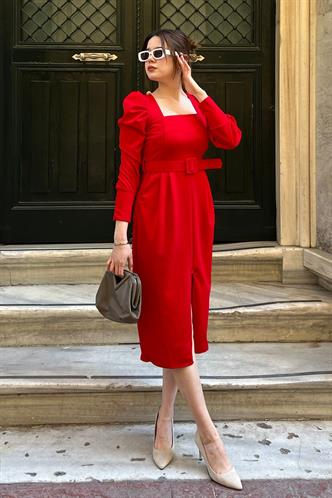 Kırmızı Karpuz Kol Kare Yaka Kalem Elbise MG2046