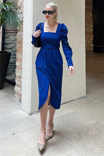 Saks Karpuz Kol Kare Yaka Kalem Elbise MG2046