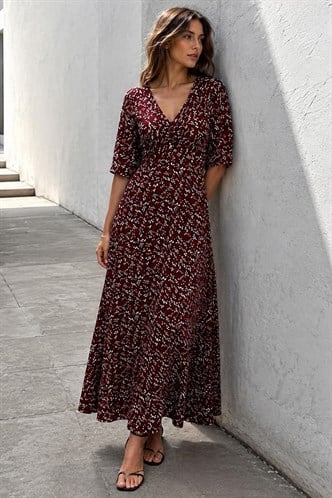 Bordo Çiçek Desenli  Yarım Kollu Elbise MG2395