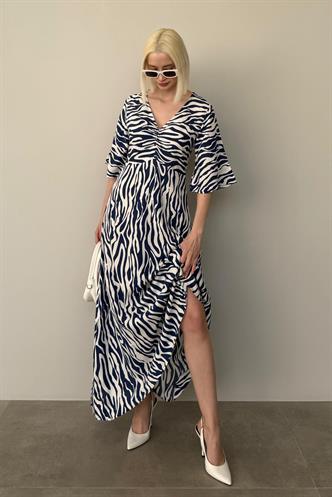 Lacivert Zebra Desenli V Yaka Yarım Kollu Elbise MG2394