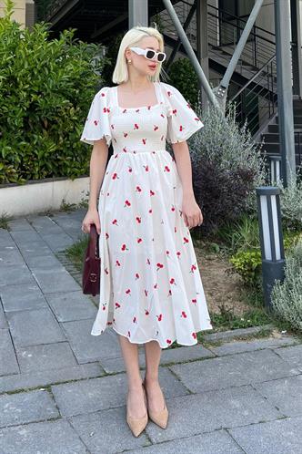 Beyaz Desenli Midi Boy Kadın Elbise Mg2475