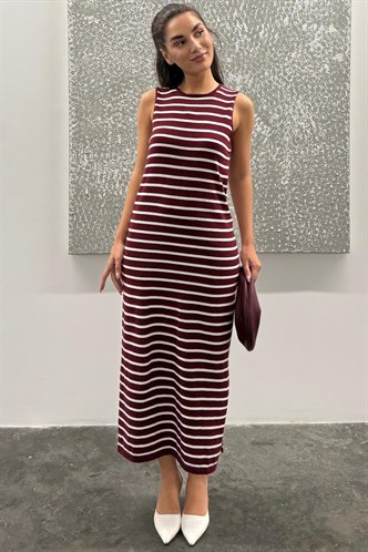 Bordo Bisiklet Yaka Çizgili Günlük Elbise MG2803
