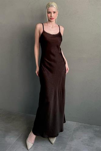 Kahverengi Ayarlanabilir Askı Dantel Detaylı Kadın Elbise Mg2660