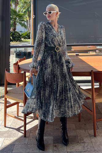 Bej V Yaka Beli Lastikli Desenli Şifon Elbise MG2225