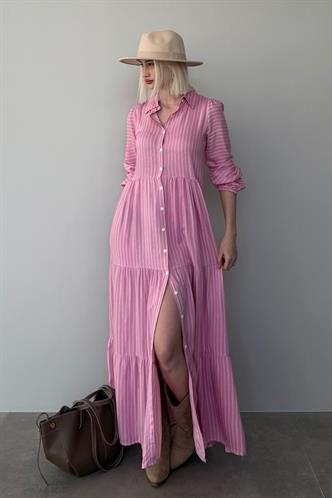Pembe  Çizgili Düğmeli Uzun Elbise MG2392