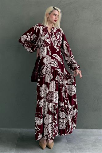 Bordo Desenli Düğmeli Uzun Kollu Elbise MG2397
