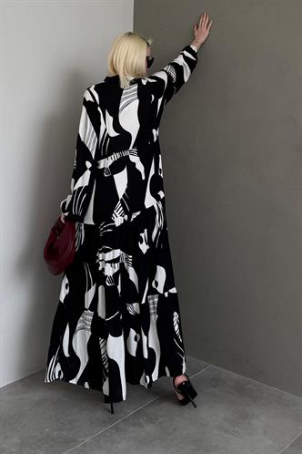 Siyah Desenli Düğmeli Uzun Kollu Elbise MG2391