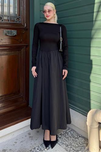 Siyah Maxi Boy %100 Pamuklu Kadın Elbise Mg2365