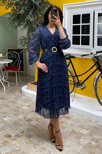 Lacivert Kruvaze Yaka Puantiyeli Şifon Elbise MG2065