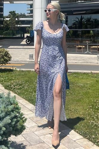Saks Desenli Yırtmaçlı Uzun Elbise MG2004