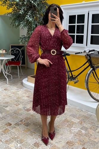 Bordo Kruvaze Yaka Puantiyeli Şifon Elbise MG2065