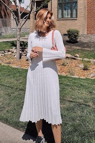 eyaz Vücuda Oturan Fitilli Triko Midi Kadın Elbise MG2691